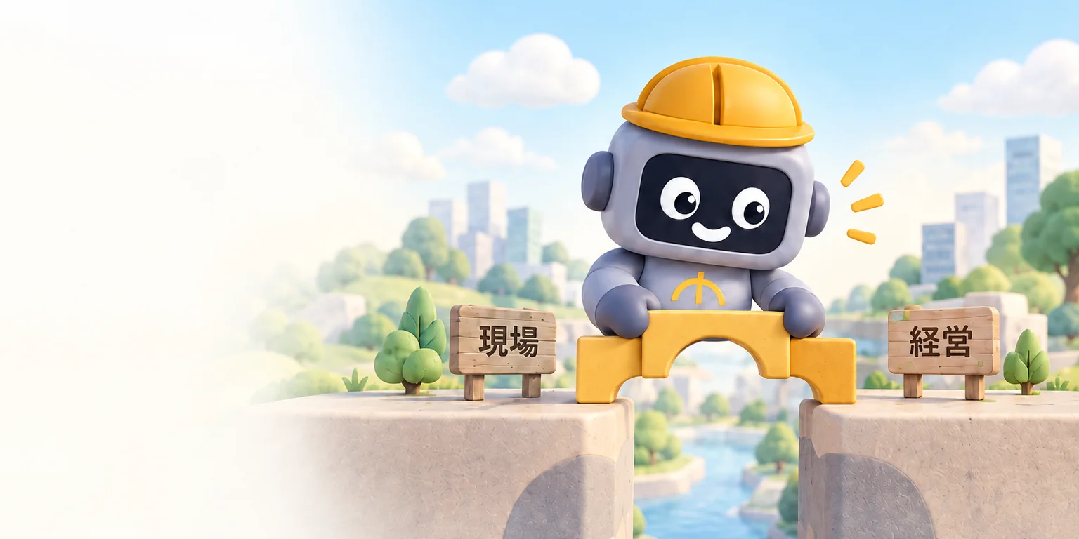 黄色い作業帽のCUBIが二つの岸の間に橋をかけ、違う立場をつなぐ