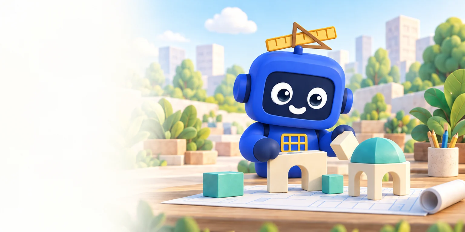 定規をつけた青いCUBIが小さな模型を組み立て、願いを仕組みに変える